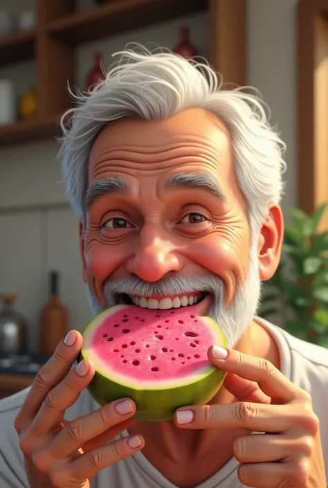 happy dad eating freshly donated pink guava