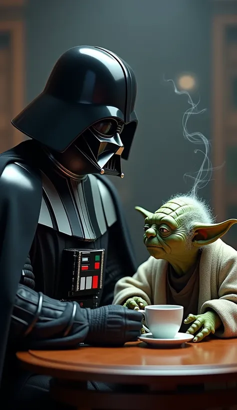 Dark Vader drinking coffee with Master Yoda .  Highest image quality .  photorealistic .  RAW photo