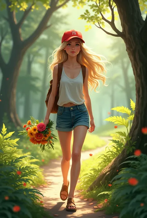  girl ,  who is walking in the woods .  There is a red cap , wearing a tank top and shorts ,  on her head holding a bouquet of flowers.