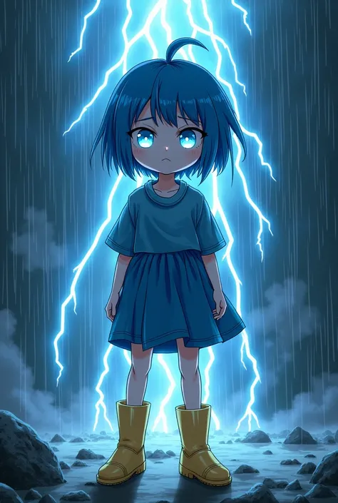  is very grumpy and vengeful .  When she transforms into Pluvia ,  she obtains the powers of rain and thunderstorms.   She is a girl with short blue hair  (with some hair tied ),  white skin , yellow boots,  blue clothes and blue eyes .