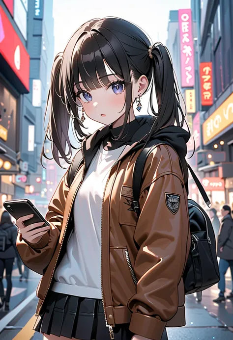 (masterpiece, best quality), girl looking at a smartphone, Tween,beautiful face, Black hair,thin twintails. blue eyebrow. fresh lip. Earrings. wearing oversized brown leather jacket, black tight t-shirt, Black ruffle miniskirt, knee-high platform boots,ful...