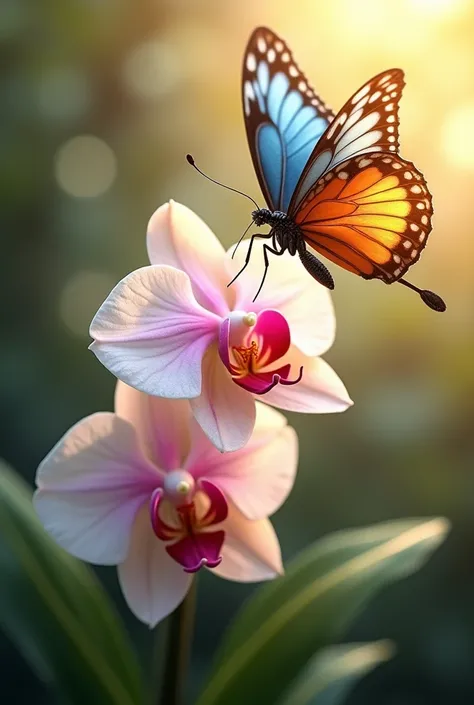 (**Prompt**: "A delicate scene featuring a butterfly and an orchid in the same frame. The butterfly, with vibrant, intricately patterned wings in shades of blue and orange, hovers gracefully near the orchid. The orchid, a tropical bloom in hues of pink and...