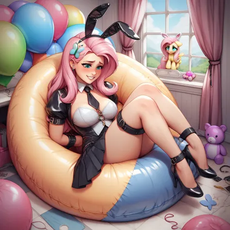 Humans, BDSM, balloon fetish, inflatables, looner, mistress and slave, femdom beautiful gentle mistress dominatrix mlpfluttershy in latex summer bouffant pleated dress, one leg stepping at her slave, inflatable pooltoy slave in inflatable latex suit with i...