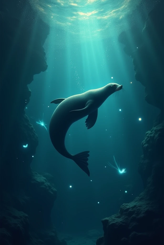 **Prompt**: "An enchanting underwater scene featuring a sleek sea lion swimming gracefully amidst glowing bioluminescent plankton. The sea lions streamlined body reflects soft ambient light, while the surrounding water sparkles with ethereal blue and green...