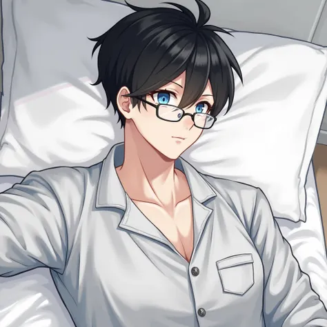 1Men,Handsome looking ,White skin,Solo, Black hair, Wear glasses,Short hair,  boobs,  blue eyes ,  , Wide angle view,  Shadow Refinement (Texture), Put on your pajamas,อนิเมะกึ่งสมจริง, มุมมองส่วนตัว, พื้นหลังเป็นห้องนอน,ร่างกายกำยำ