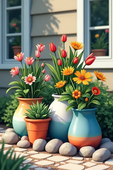 in the yard of a house there are several vases planted with various types of flowers. Different sizes of stones appear to be arranged around the vases. Draw the atmosphere from a close-up by emphasizing the aspects of shape, texture and tone. Use colored p...