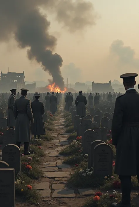 Create a picture of the end of the First World War with a cemetery where people mourn and the recent explosions are in the background 