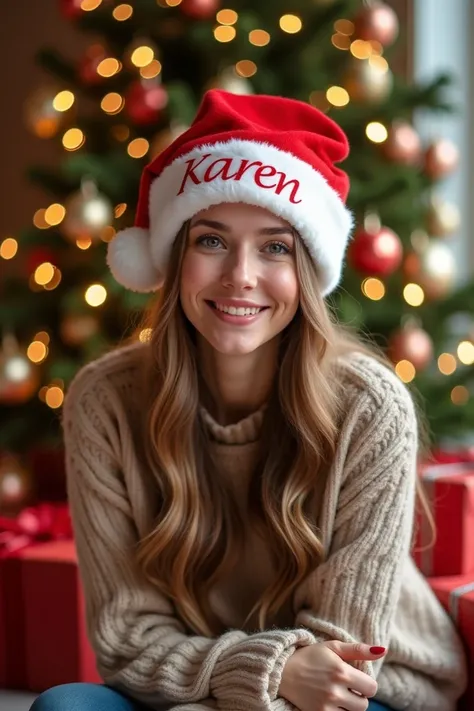  Cute image of Karen , with a tender smile ,  wearing a Christmas hat decorated with the word Karen ,  with a Christmas pine case decorated with golden spheres lots of lights, gifts,