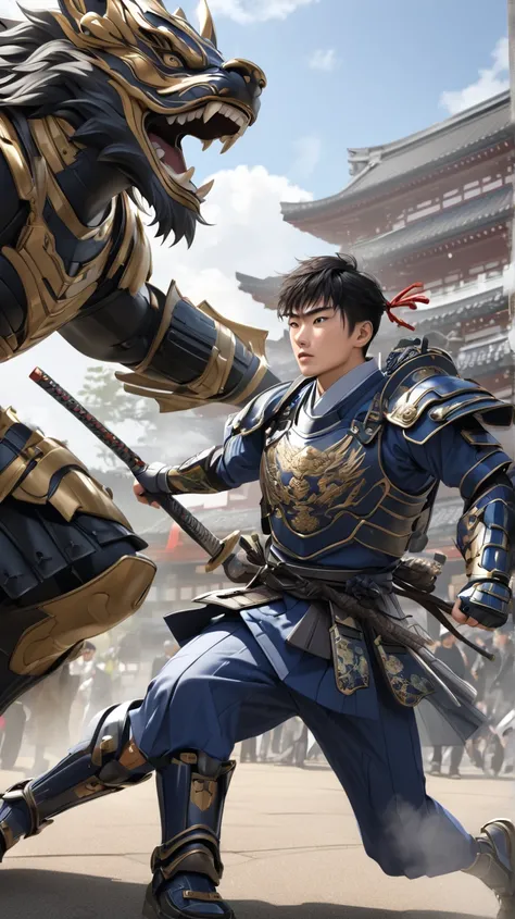 (photorealism:1.2), Handsome japanese man, 22-27 year-old, model wrar armor, fighting