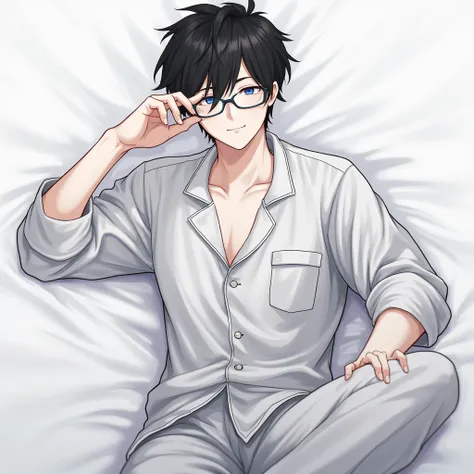 1Men,Handsome looking ,White skin,Solo, Black hair, Wear glasses,Short hair,  boobs,  blue eyes ,  , Wide angle view,  Shadow Refinement (Texture), Put on your pajamas,อนิเมะกึ่งสมจริง, มุมมองส่วนตัว, พื้นหลังเป็นห้องนอน,ร่างกายกำยำ