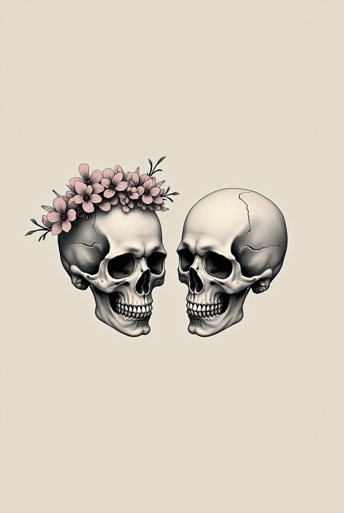 Tatouage minimaliste et petit deux tête de mort donc une avec couronne de fleurs qui sont front contre front 