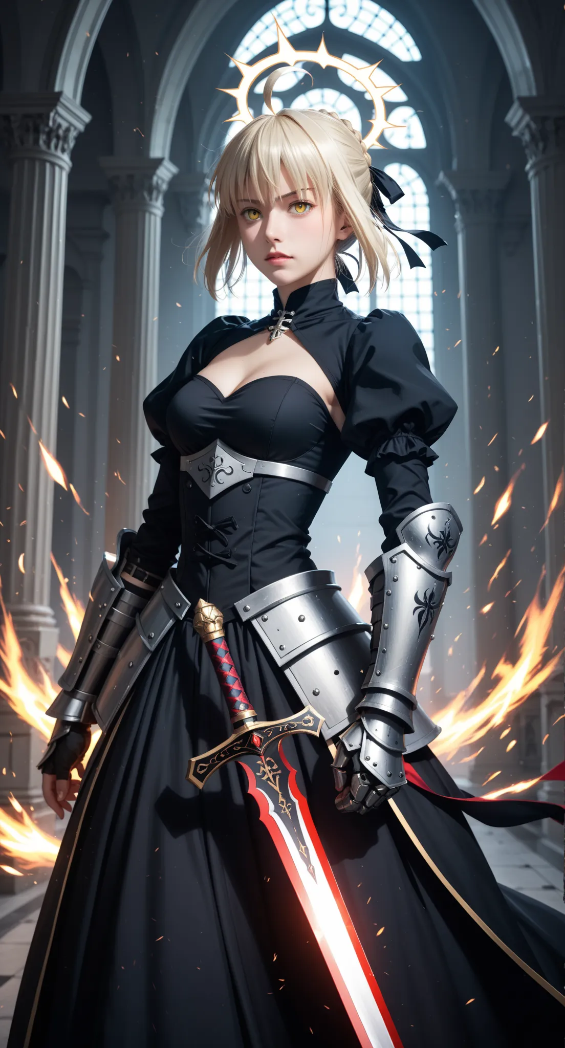 core_9, score_8_up, score_7_up, masterpiece, centered, cowboy shot, saber_alter, fate_(series), 1girl, blonde_hair, yellow_eyes, weapon, ahoge, holding sword, armor, standing, black dress, gauntlets, excalibur (fate/stay night), ribbon, hands on hilt, armo...