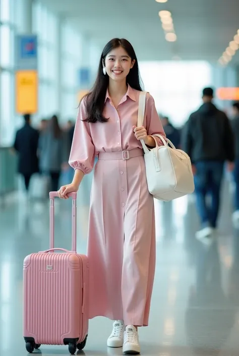 " A Korean woman walks inside the airport ,  wearing modern casual clothes . She was wearing a pink blouse , Long skirt, ,  white sneakers, wearing a white headset,  she pulled a modern pink suitcase in her left hand and carried a white duffel bag on her r...