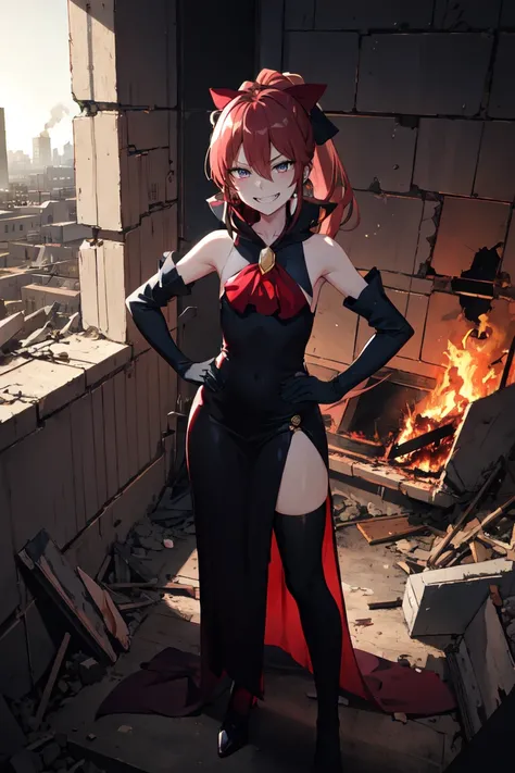  best quality by the window, masterpiece, A girl, cute ,  red ponytail , Long dress , brooch, Hair Bow,   Elbow Hand Pocket ,  black knee socks ,  standing on rubble ,  Burning Cityscape , ( wicked smile :1.1),  hands on hips,, Dark Shady Face,grim smile ,...