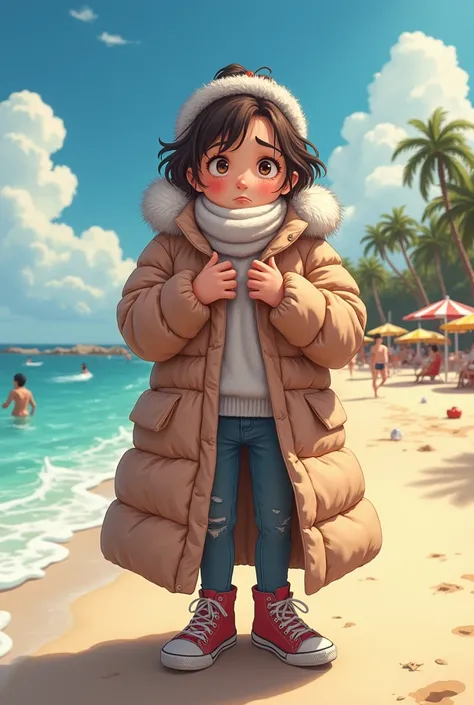 Girl feeling cold and uncomfortable very warm wearing several layers of coat on a hot beach 