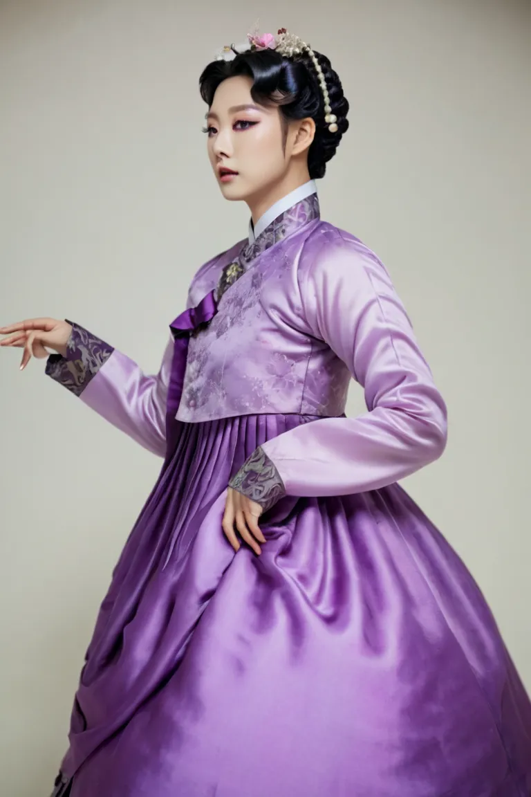 a korean man in ladies victorian dresses, satin, he is crossdresser, big breasts like a woman, slender female body, his hairstyl...