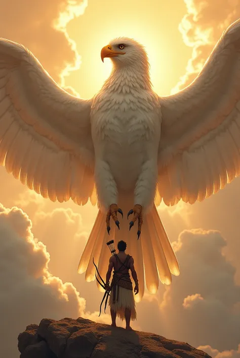 Design a breathtaking fantasy scene featuring a colossal, majestic eagle perched among the clouds, its radiant white feathers glistening in the warm golden light of a sunset. The eagles piercing gaze and sharp beak convey its immense power and wisdom. Belo...