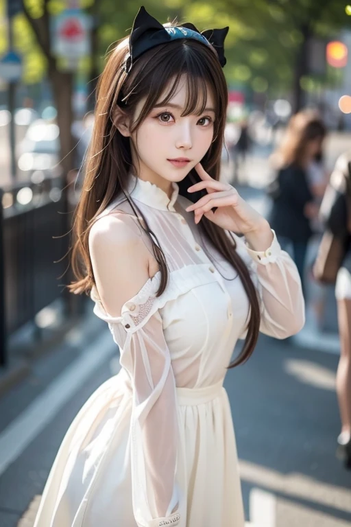 A woman in a dress is posing for a photo, anime girl  cosplay, anime  cosplay,  Nier inspired,  cosplay、 looking at the camera、Detailed and beautiful eyes、 cute smile、 soft and gentle expression 