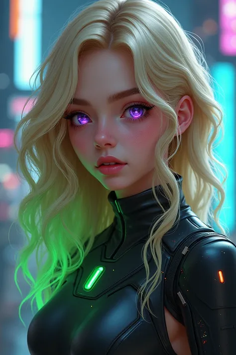 Girl with wavy blonde hair.
She has a green tuft at the bottom of her hair.
Violet eyes.
Modern cyberpunk clothing