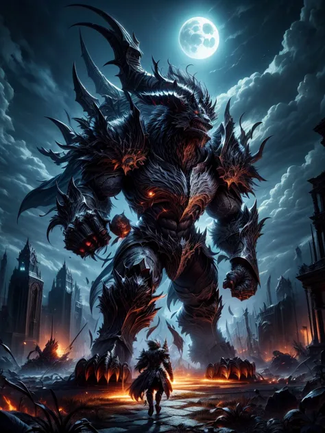 behemoth bipedal iron shrapnel totally black from the dark with ruins in the moonlight background