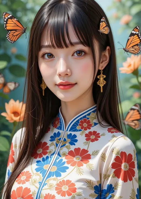 (masterpiece,  best quality,  best quality,  Official Art, beautiful、 Aesthetic :1.2), ( 1 girl),  very detailed,( fractal art:1.3),Colorful Vietnamese dress details ,  with Southeast Asian flowers and tropical butterfly details in the background、Great ele...