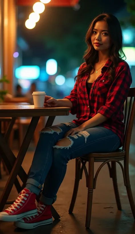 photo from a distance of twenty meters, a woman from Thailand, sitting on a wooden chair and table outside a cafe, ripped tight jeans, ((big breasts)), red converse, red checked shirt, cup of coffee, night time, cinematic