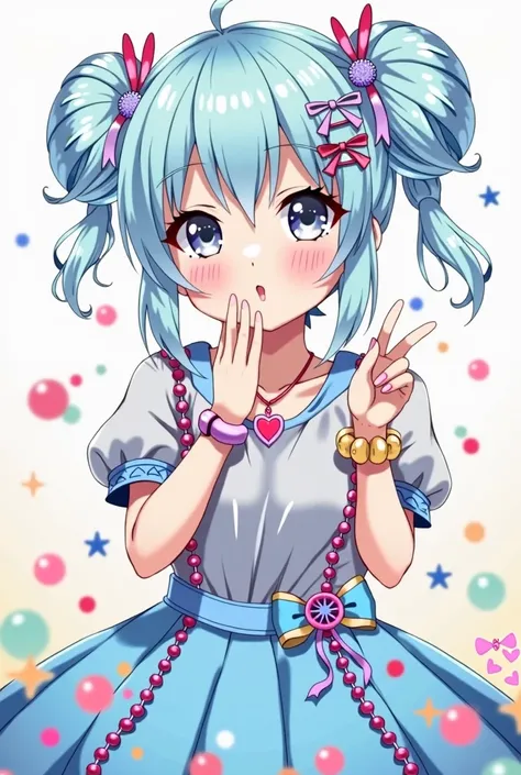 Anime style, cute decora girl, light blue hair in two buns, a lot of colorful hair clips, grey shirt, pink heartnecklace, blue skirt and petty coat, a lot of decora style accessories