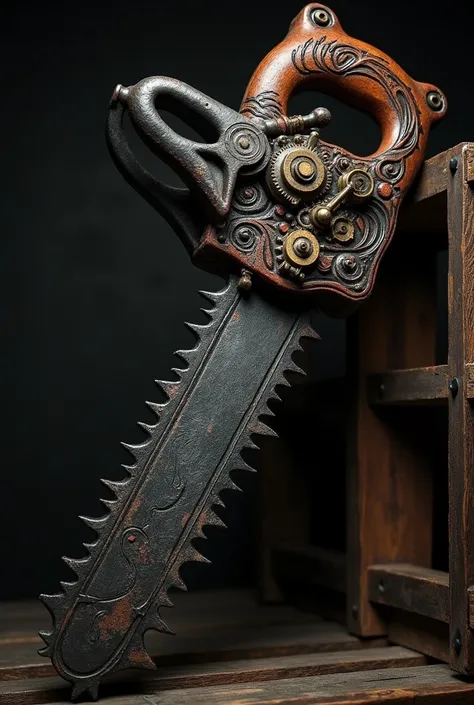 A dark and ominous 18th-century chainsaw, crafted with intricate and sinister details, set against a shadowy backdrop. The tool combines the raw, experimental technology of the 18th century with a gothic aesthetic. Its wooden handle is elaborately carved w...