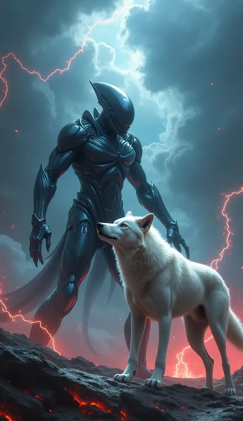 Alien huge big powerfull Color black metalic, Versus with white wolf Strong powerfull ,ligthing red blu storm color,alien and white wolf face to face