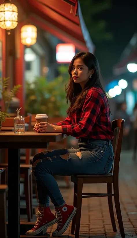 photo from a distance of twenty meters, a woman from Thailand, sitting on a wooden chair and table outside a cafe, ripped tight jeans, ((big breasts)), red converse, red checked shirt, cup of coffee, night time, cinematic