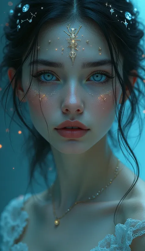 Portrait of an enchanting Cancerian woman with a mystical aura. Her glowing eyes mirror the sea, while Cancer symbols sparkle on her forehead and cheeks. The lighting features soft gradients of moonlit silver and aquatic blues, with zodiac constellations s...