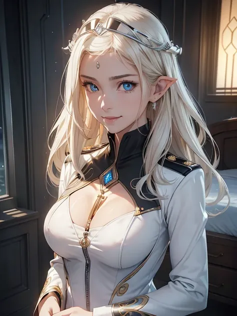 masterpiece,  best quality,  high definition CG Unity 8K Wallpaper,((female 1 person, whole body)), ((Spaceship bedroom)), ( long pointed ears ), (The most beautiful and perfectly symmetrical face),  Elegant Long Wave Platinum Blonde Hair, (( average chest...