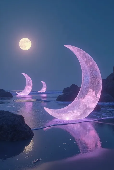 Beach with Shiny Moon-Shaped Rocks: Giant crescent-shaped rocks dot the beach, emitting a soft glow in shades of silver and purple.