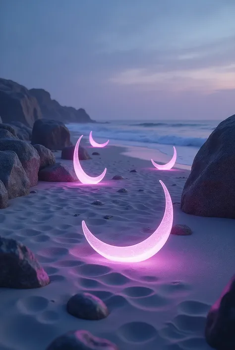 Beach with Shiny Moon-Shaped Rocks: Giant crescent-shaped rocks dot the beach, emitting a soft glow in shades of silver and purple.