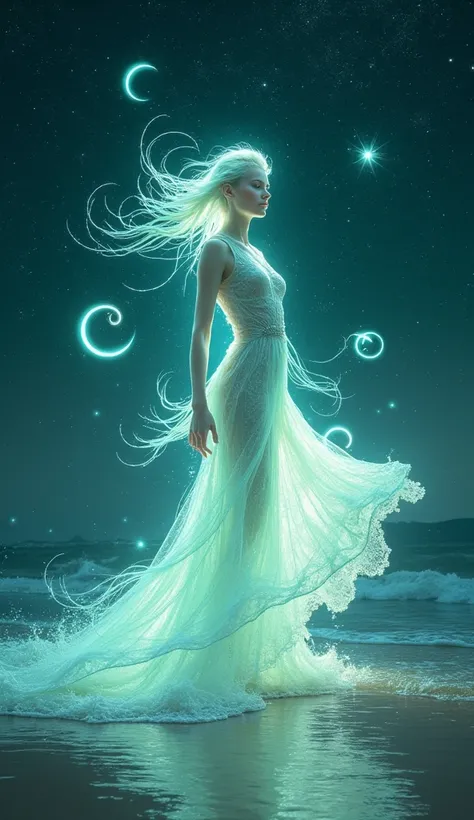 A mystical Cancerian figure posed with elegance by a glowing tide. Her entire body glows with teal and white light, and Cancer zodiac signs spiral around her. Her dress flows like water, while the sky is filled with stars and the Cancer constellation."
