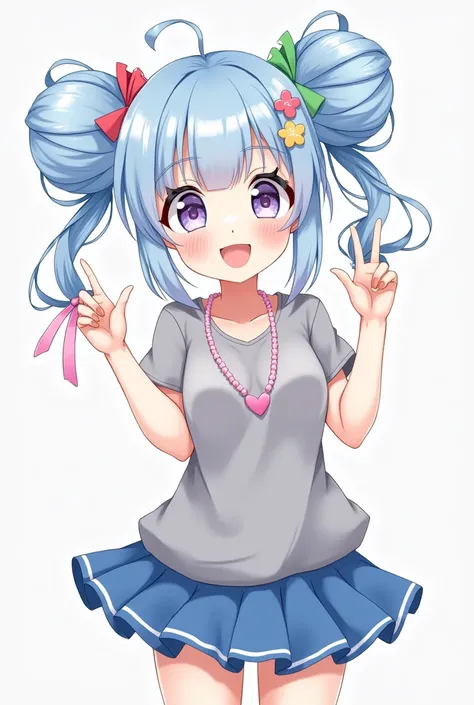  
Anime style, cute decora girl, light blue hair in two buns, a lot of colorful hair clips, grey shirt, pink heartnecklace, blue skirt and petty coat, a lot of decora style accessories, adult