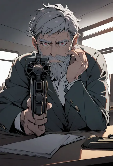 1 man, old, grey short hair , short gray beard , looks suspiciously ,  looks at the viewer , business suit,  is sitting in the office at a table ,  points a gun at the viewer, silenced gun, Chiefs Office