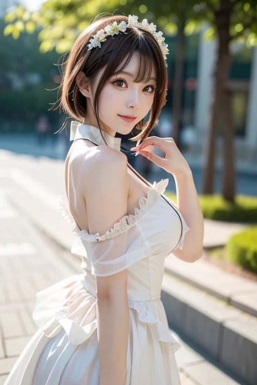 A woman in a dress is posing for a photo, anime girl  cosplay, anime  cosplay,  Nier inspired,  cosplay、 looking at the camera、Detailed and beautiful eyes、 cute smile、 soft and gentle expression 