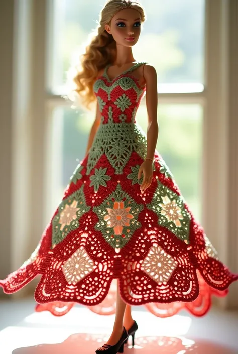    A beautiful Barbie doll wearing a long crochet dress, fluid, , with cotton threads  , in shades of red ,   green and white  ,  made with crochet squares  .
  She wears black shoes and is in a bright environment  .