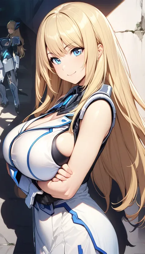 (masterpiece),( best quality),( super detailed),( best illustration ),( vest shadow ),( absurd),( detailed background),( very sophisticated),  1 girl, Alone,  light blond hair, Long Hair,  blue eyes, Bewitching Smile,  Big Breasts , Mecha Girl, armor,  Wat...