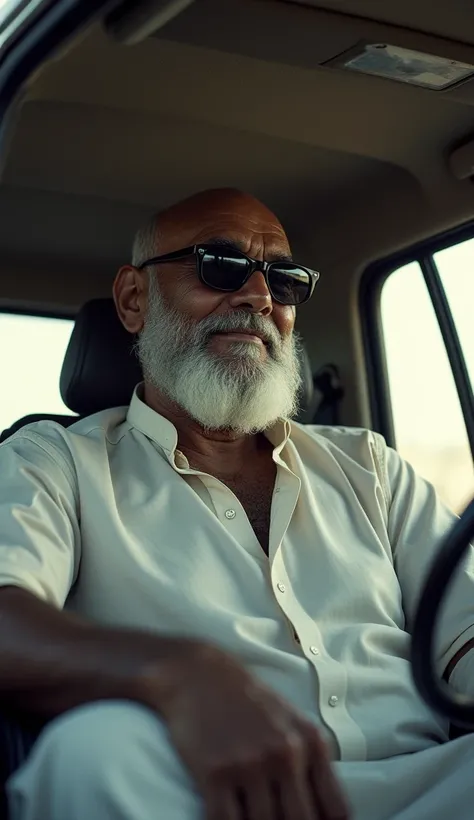 Strong old man, dark skin, indian old man, tall old man, 7 foot man sitting in the car, bald head, chiselled face, long face, large nose,thick eyebrows, cut mark in cheeks, wrinkled face, smirky smile, no beard, strong jaws , dark lips, wide shoulders, thi...