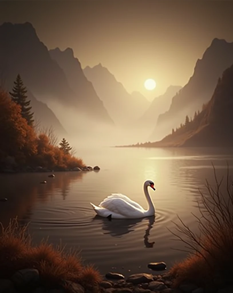 there is a swan that is swimming in the water, a digital painting inspired by Frederick Goodall, cg society contest winner, romanticism, a still of an ethereal, dreamy scene, dreamlike digital painting, soft focus matte painting, dreamy matte painting, rom...