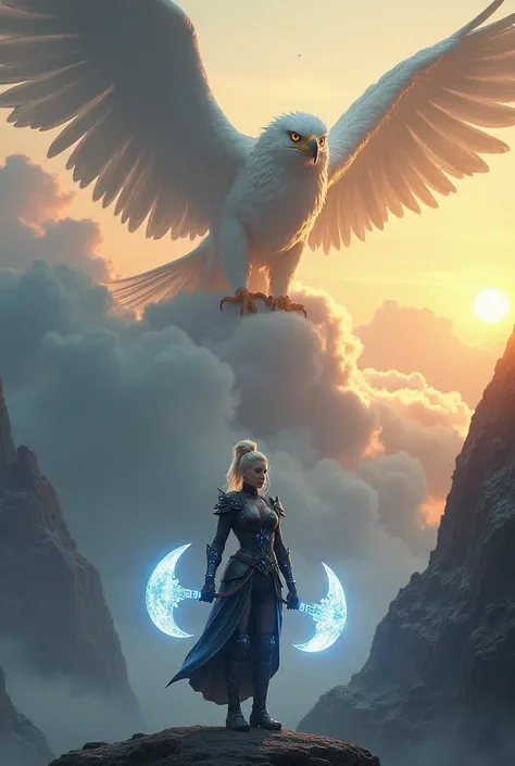 Design a breathtaking fantasy scene featuring a colossal, majestic eagle perched among the clouds, its radiant white feathers glistening in the warm golden light of a sunset. The eagles piercing gaze and sharp beak convey its immense power and wisdom. Belo...