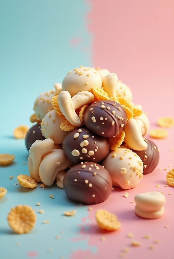 I want logo with  cashew nuts with dark chocolate and white chocolate it’s a type of cluster. Put My business name is crunchy crunchy in big size. I want background in light blue and pink. In angle give some nuts pic. And cornflakes. 