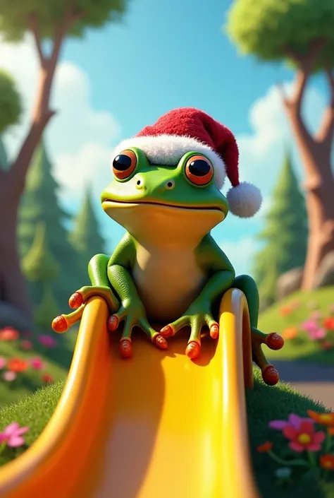 a very hyper realistic frog the pepe with a christmas hat going down a slide with a beautiful background 