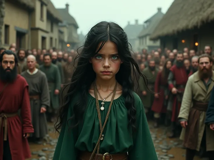  A  girl , In the middle ages ,  with long black hair and emerald green eyes, in the middle of a village ,  surrounded by an angry crowd