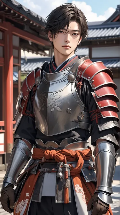 (photorealism:1.2), Handsome japanese man, 22-27 year-old, model wear armor