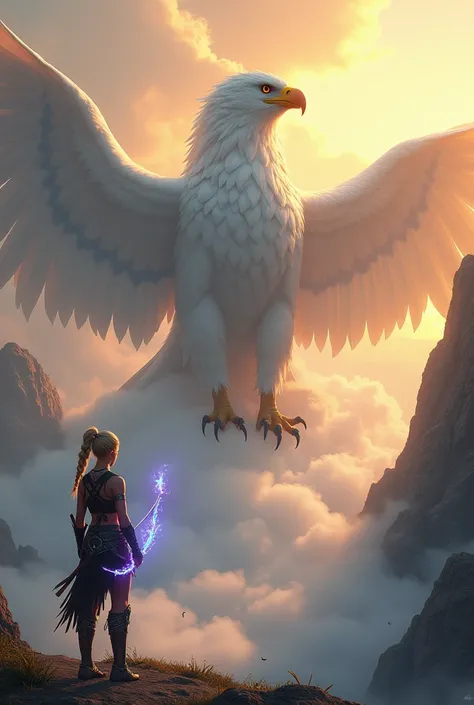 Design a breathtaking fantasy scene featuring a colossal, majestic eagle perched among the clouds, its radiant white feathers glistening in the warm golden light of a sunset. The eagles piercing gaze and sharp beak convey its immense power and wisdom. Belo...