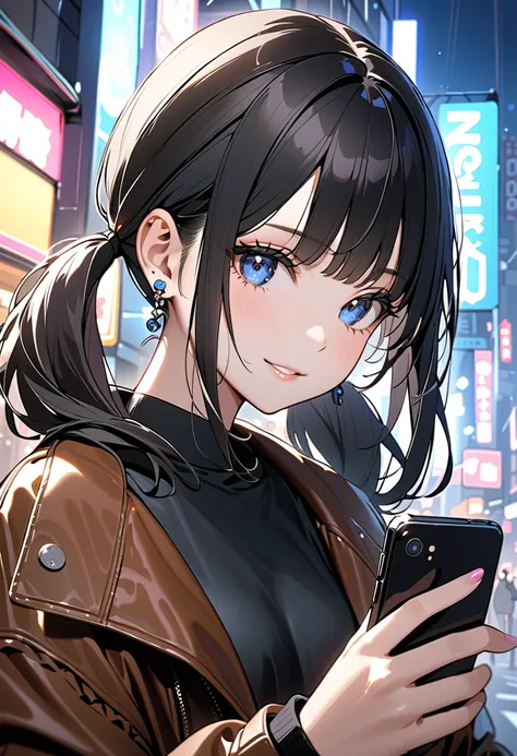 (masterpiece, best quality),girl, looking at a smartphone, Tween,beautiful face, Black hair,straight twintails hair, blue eyebrow,blue eyeshadow, fresh lip, Earrings, wearing oversized brown leather jacket, black tight t-shirt, Black ruffle miniskirt, blac...