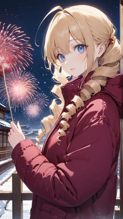 woman、blonde、Long Hair、Drill Hair、Ahoge、  blue eyes、Slanted Eyes, Narrow eyes、 maroon down jacket 、 Maroon pants 、White Breath、 Maroon down jacket with Japanese fireworks in hand 、Winter Japanese veranda background 、anime、Illustration、  best quality、 maste...